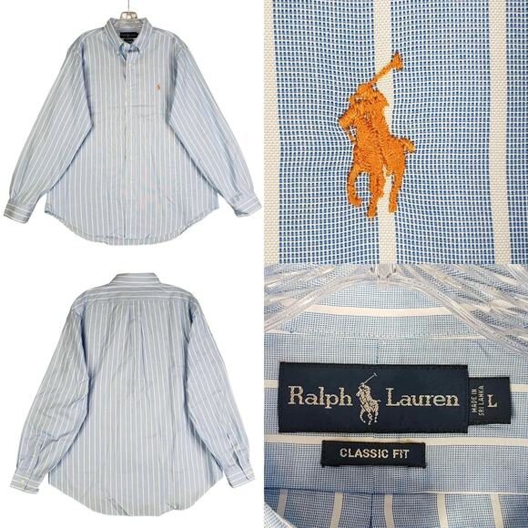 Polo Ralph Lauren Shirt Mens Size Large L Blue Striped Long Sleeve Button Down - Picture 1 of 9